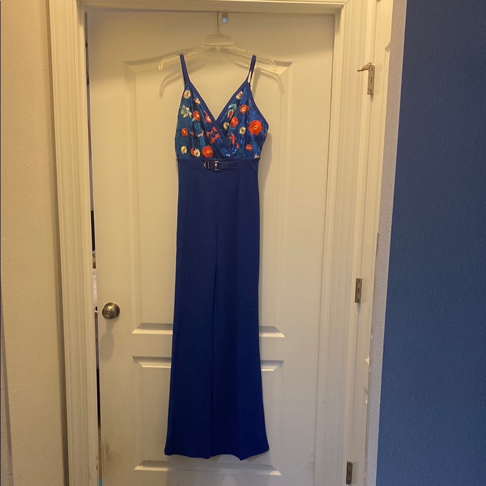 Blue Floral Embroidered Jumpsuit